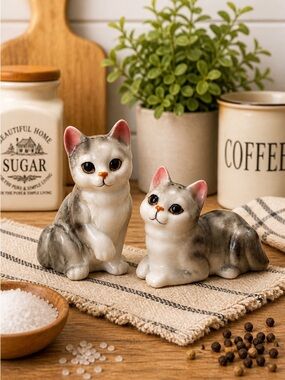 Vintage Napcoware Cat Salt Pepper Shakers Japan Gray White Kittens Set